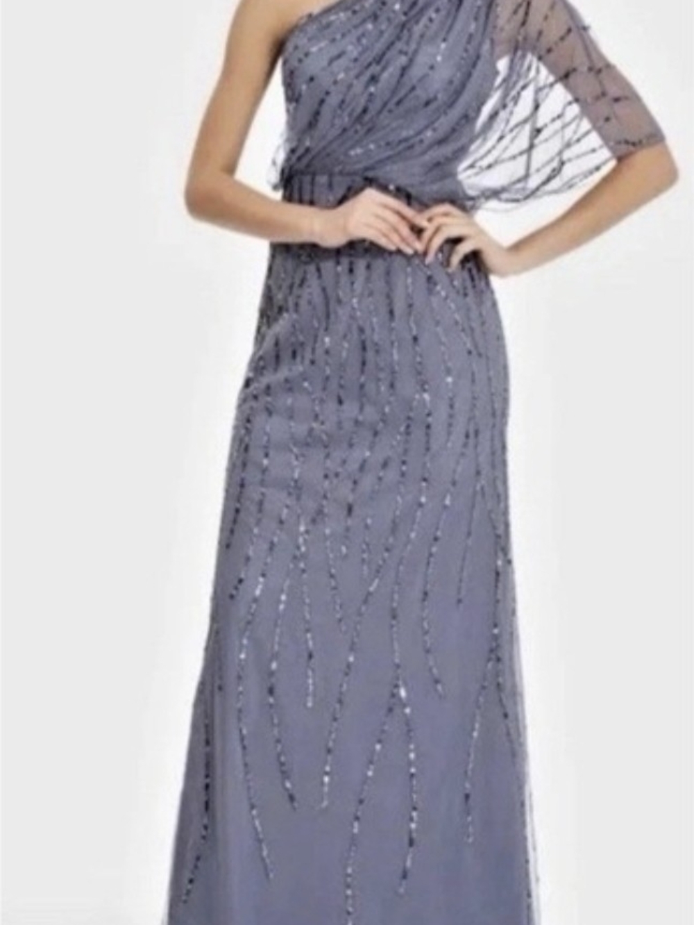 Adrianna Papell One-Shoulder Beaded Gown in Slate Blue